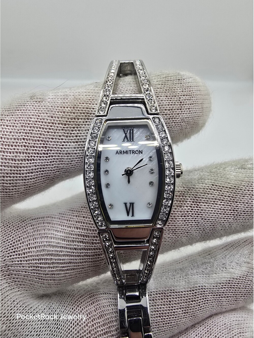 Armitron Women’s Quartz Analog Tonneau Silver Bracelet White Dial Roman/Diamond